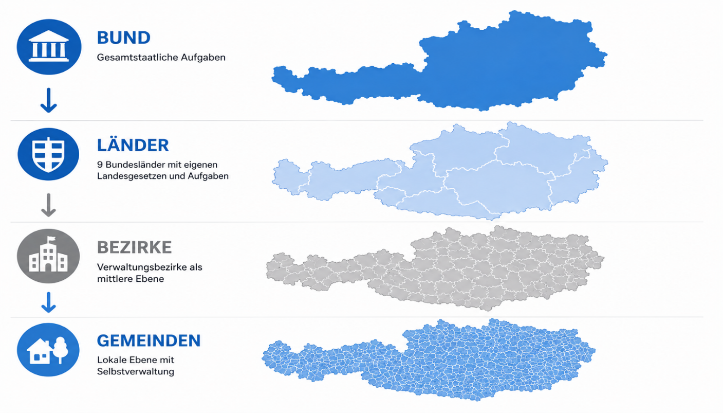Bund, Länder, Bezirke, Gemeinden